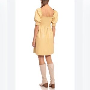 7FAM vegan leather smocked puff sleeve dress light yellow size S